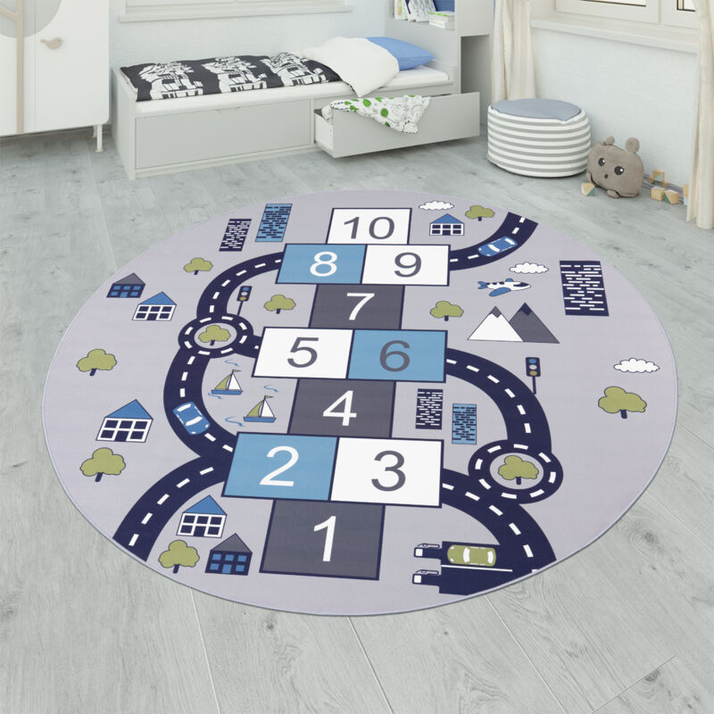 foto del prodotto tappeto per bambini, tappeto da gioco per le camere dei bambini, bouncy box e strade, grigio 200 cm tondo paco home