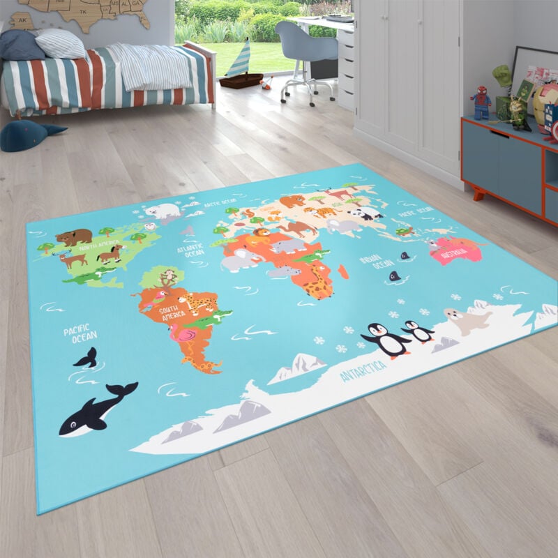 foto del prodotto tappeto per bambini, tappeto da gioco per le camere dei bambini, mappa del mondo con animali, in verde 100x200 cm paco home