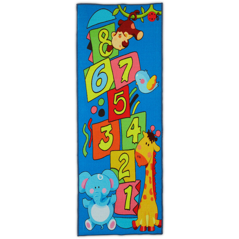 foto del prodotto tappeto per bambini, tappetone da gioco con animali disegnati, 179 x 67 cm, gioco della campana, colorato relaxdays