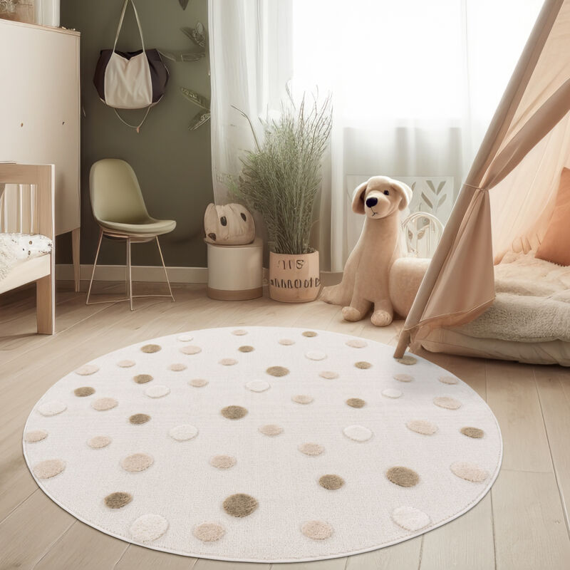 foto del prodotto tappeto per camera dei bambini rotondo gioco a pois 3d tonalità della terra crema 120 cm tondo - paco home