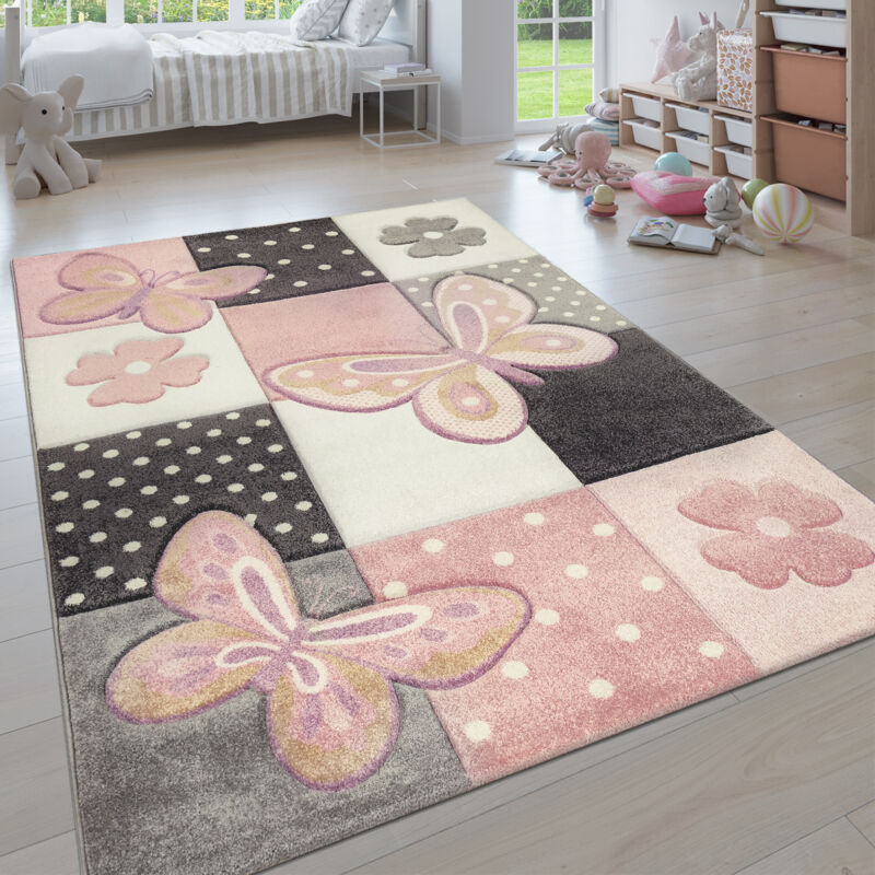 foto del prodotto tappeto per cameretta dei bambini colori pastello motivo a quadri con farfalle punti fiori variopinto 80x150 cm paco home