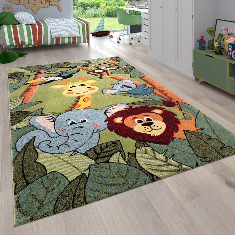foto del prodotto tappeto per cameretta per bambini a pelo corto con animali e motivi tropicali 80x150 cm, verde paco home
