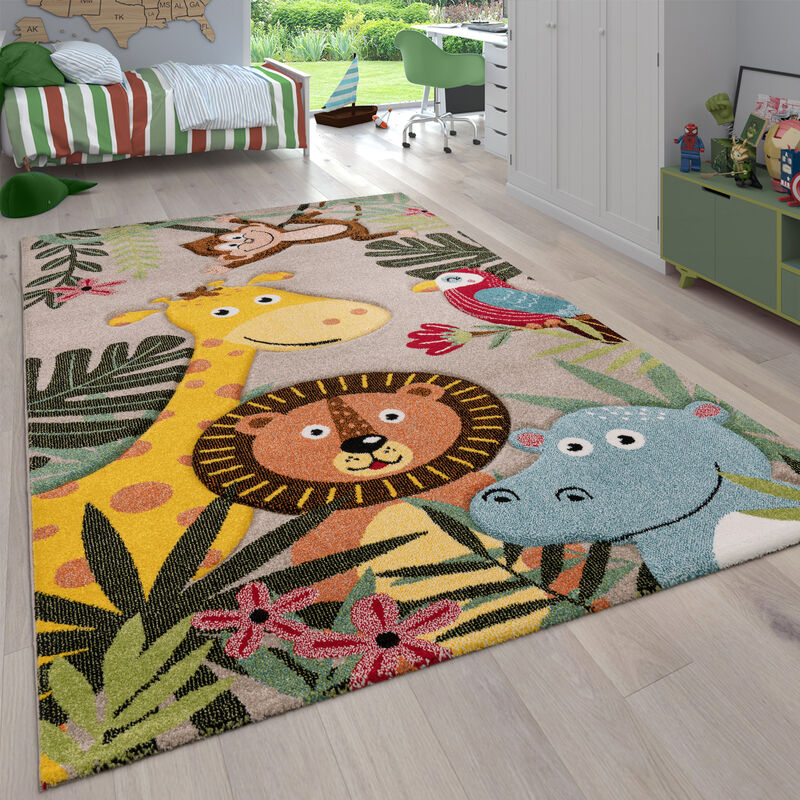 foto del prodotto tappeto per cameretta per bambini a pelo corto con animali e motivi tropicali beige, 120 cm tondo paco home