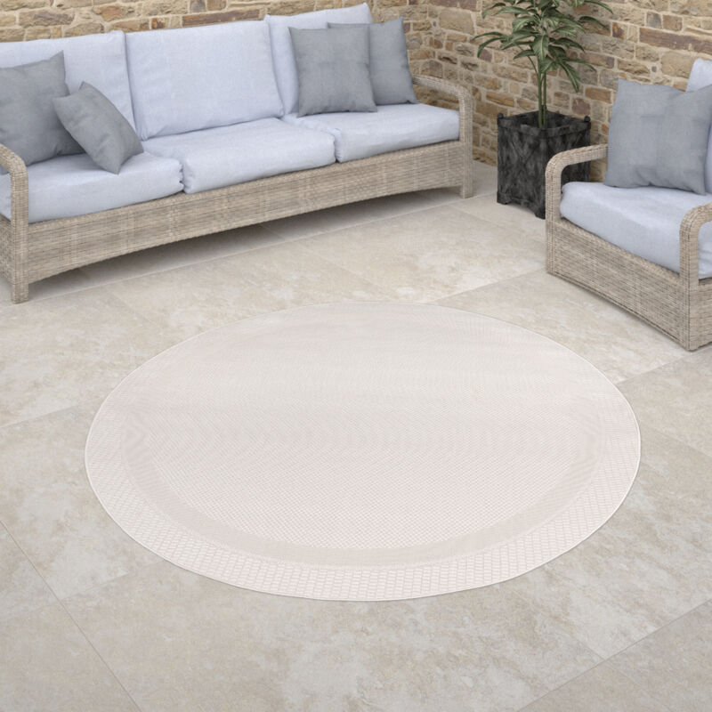 foto del prodotto tappeto per esterno rotondo terrazzo balcone geometrico moderno a righe bordura bianco, 120 cm tondo paco home