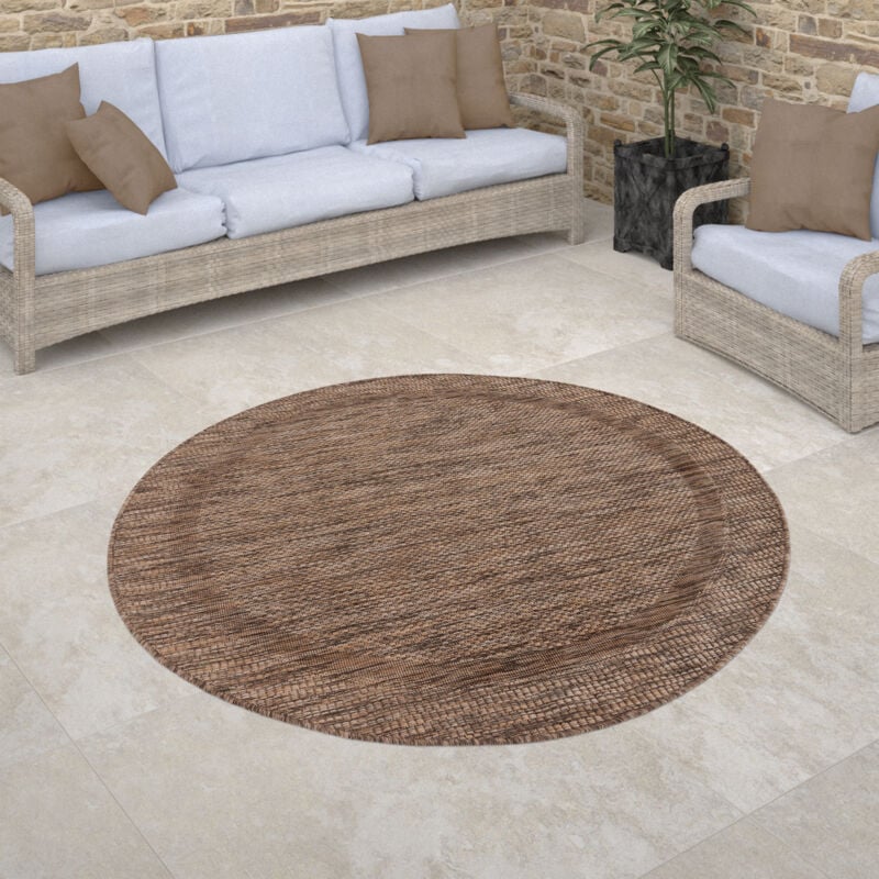 foto del prodotto tappeto per esterno rotondo terrazzo balcone geometrico moderno a righe bordura marrone, 120 cm tondo paco home
