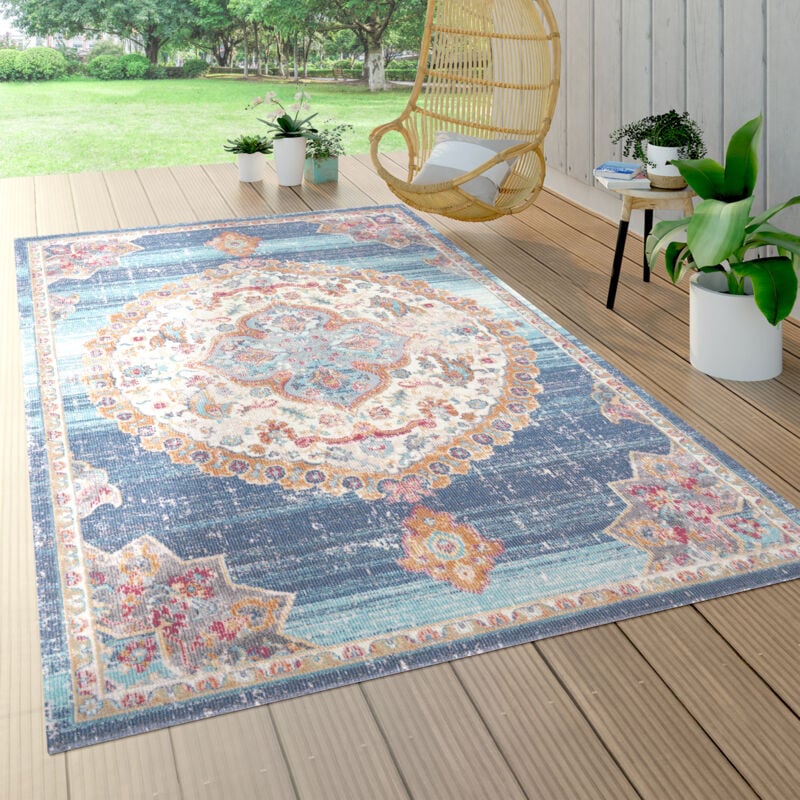 foto del prodotto tappeto per esterno terrazzo balcone tappeto cucina motivo persiano bordura blu 60x100 cm paco home