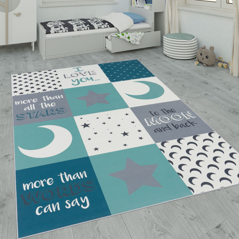foto del prodotto tappeto per i bambini, tappeto per la camera dei bambini con stelle, luna e motivi a quadri 140x200 cm, turchese paco home
