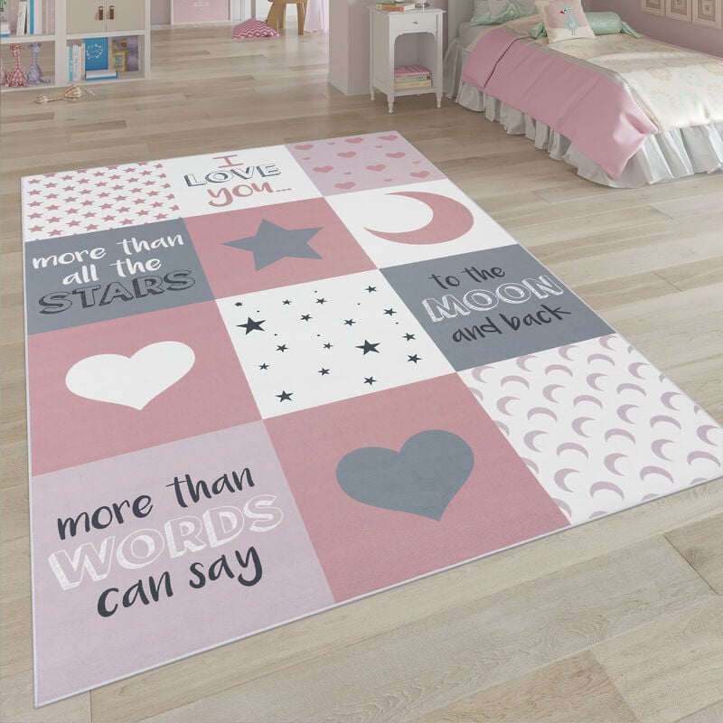 foto del prodotto tappeto per i bambini, tappeto per la camera dei bambini con stelle, luna e motivi a quadri pink, 180x280 cm paco home