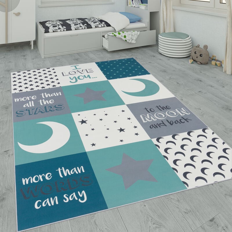 foto del prodotto tappeto per i bambini, tappeto per la camera dei bambini con stelle, luna e motivi a quadri turchese, 120x160 cm paco home