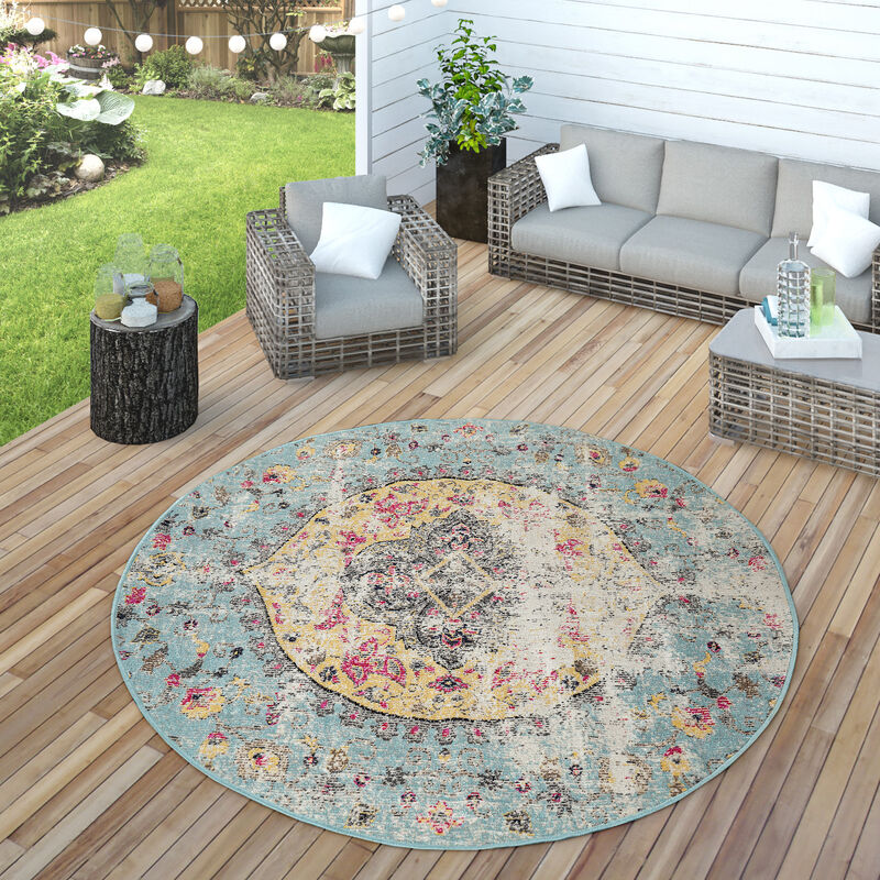 foto del prodotto tappeto per interni e per esterni oriente pastello turchese rosa giallo 160 cm tondo paco home