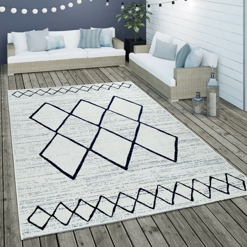 foto del prodotto tappeto per interni ed esterni a tessuto piatto con motivo geometrico scandinavo in bianco e blu 80x150 cm paco home