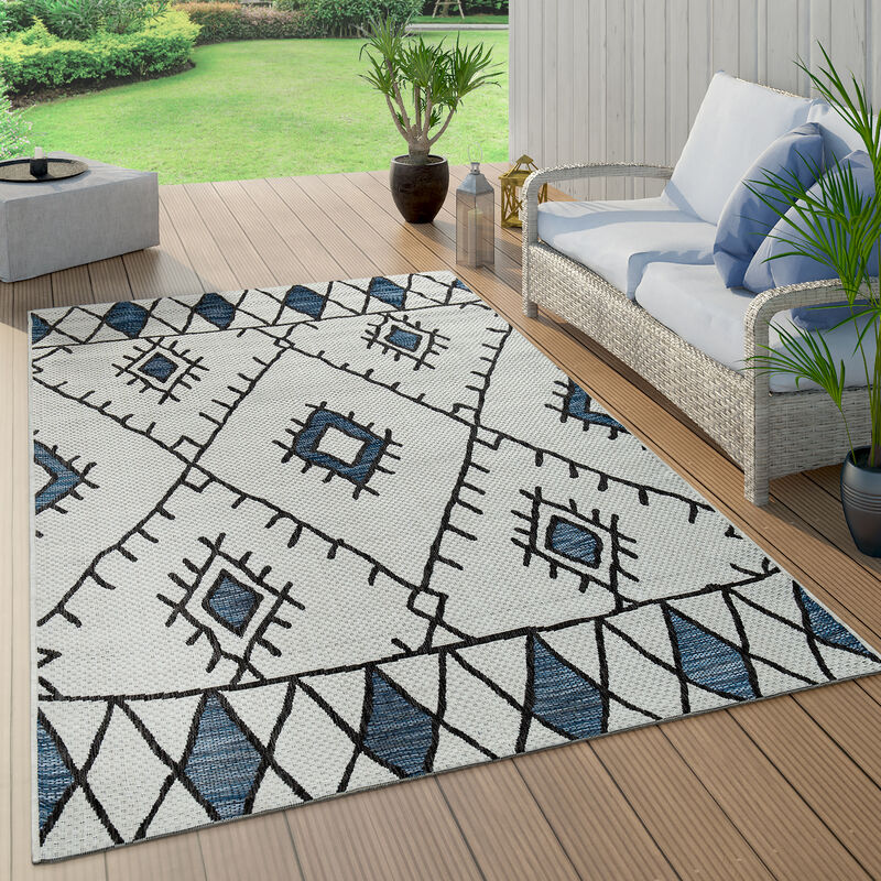 foto del prodotto tappeto per interni ed esterni con rombi geometrici astratti e design etnico, in blu 200x280 cm paco home