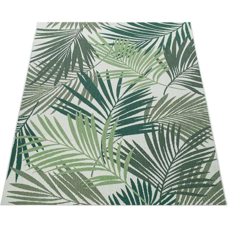 foto del prodotto tappeto per interni ed esterni con tessuto piatto e design floreale di palme in stile giungla inciso in verde 120x170 cm paco home