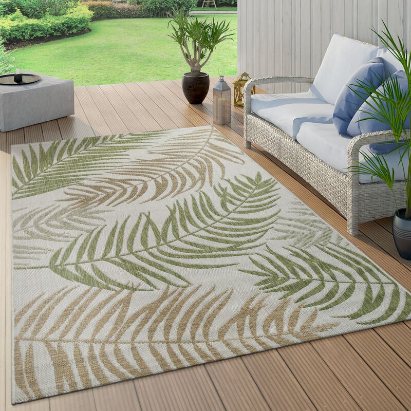 foto del prodotto tappeto per interni ed esterni dal tessuto piatto nel moderno design con palme e giungla in verde pastello 60x100 cm paco home