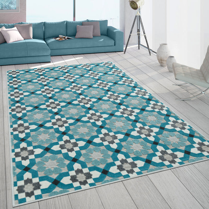 foto del prodotto tappeto per interni ed esterni, per balcone e terrazza, con motivo r tro e tessitura 3d, in turchese 160x230 cm paco home
