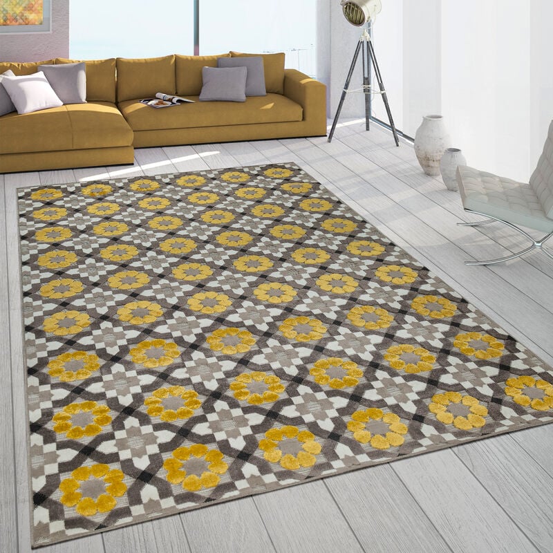 foto del prodotto tappeto per interni ed esterni, per balcone e terrazza, con motivo retr e tessitura 3d, in giallo e beige 120x170 cm paco home