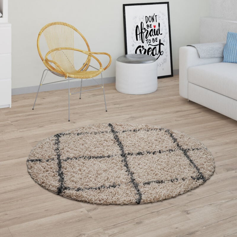 foto del prodotto tappeto per soggiorno a pelo alto shaggy motivo a rombi scandinavo, beige grigio 200 cm tondo - paco home