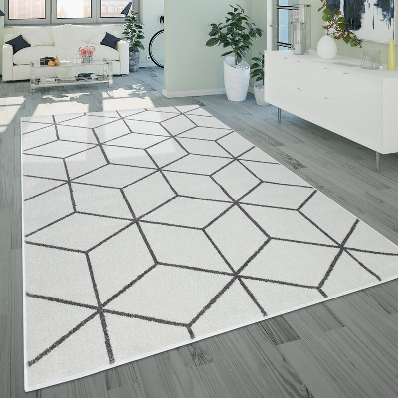 foto del prodotto tappeto per soggiorno a pelo corto in stile scandinavo con motivo di rombi, in bianco 60x100 cm paco home
