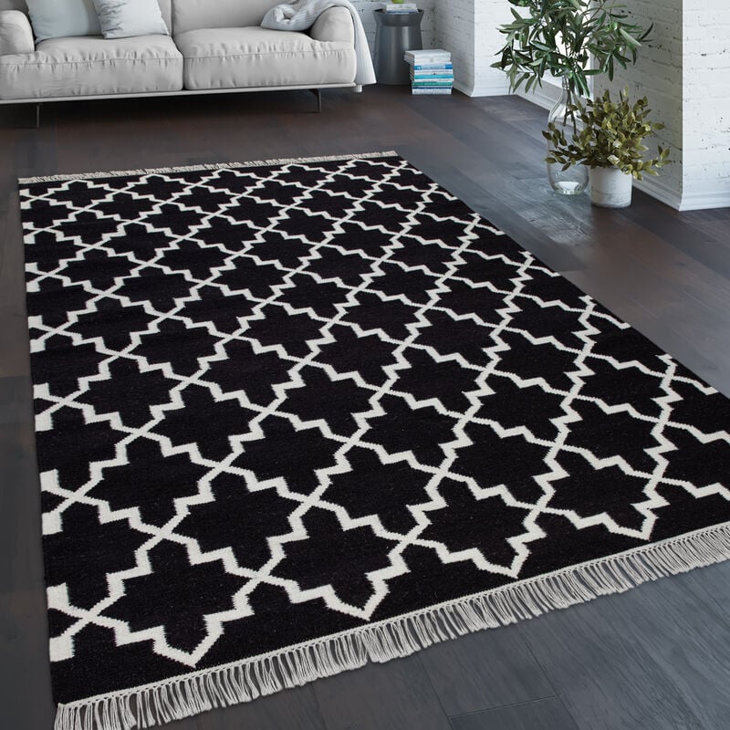 foto del prodotto tappeto per soggiorno motivo marocchino frange intessuto a mano lana nero 60x110 cm paco home