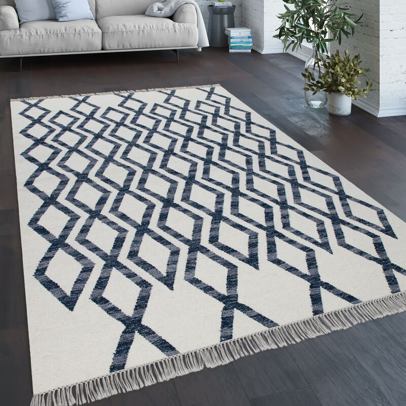 foto del prodotto tappeto per soggiorno stile boho frange intessuto a mano mix di lana e cotone blu 60x110 cm paco home