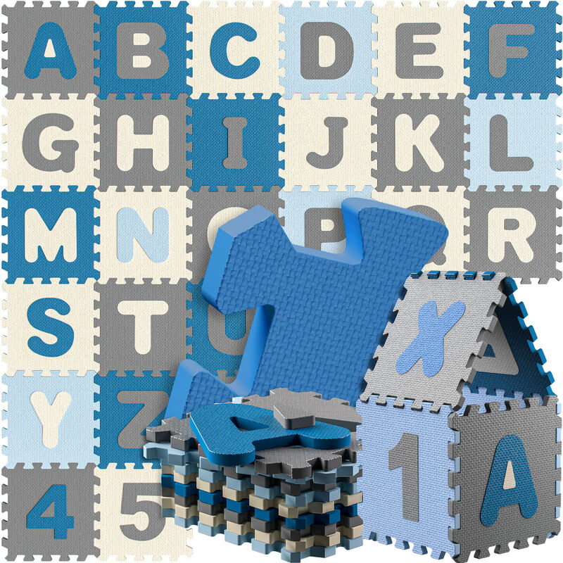 foto del prodotto tappeto puzzle xxl da 86 pezzi per bambini 3,3m tappeto per gattonare con lettere e numeri abc protezione pavimento apprendimento in gommapiuma blau