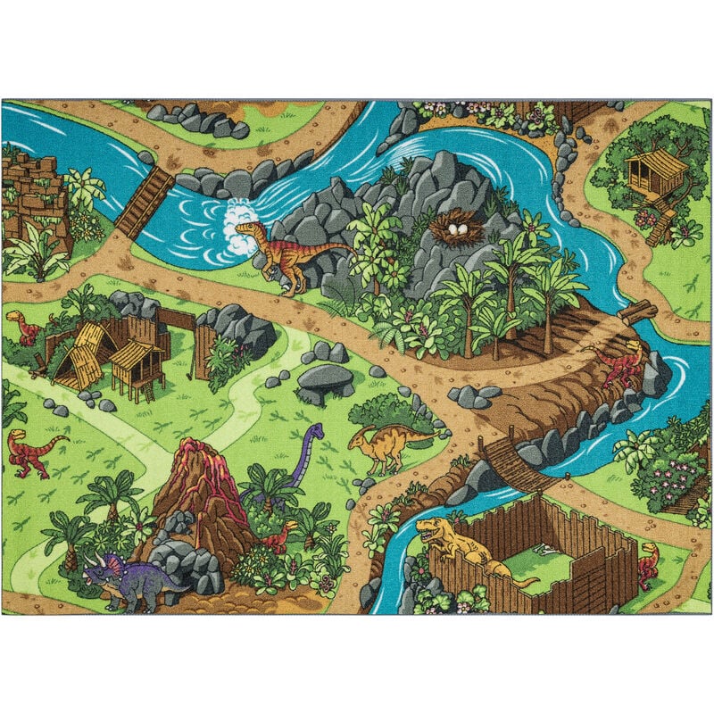foto del prodotto tappeto rebel roads dino world 29 dinosauri, antiscivolo per bambini grigio verde multicolour 95x133 cm