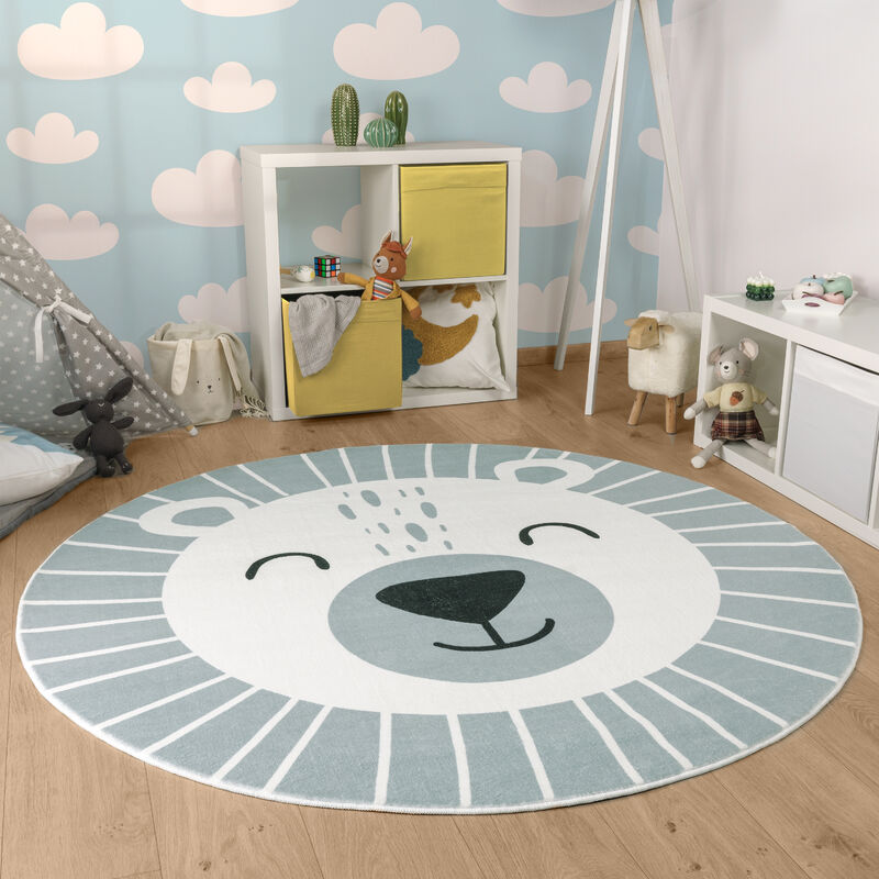 foto del prodotto tappeto rotondo bambini testa di leone testa di orso lavabile in lavatrice 100 cm tondo, grigio 2 paco home