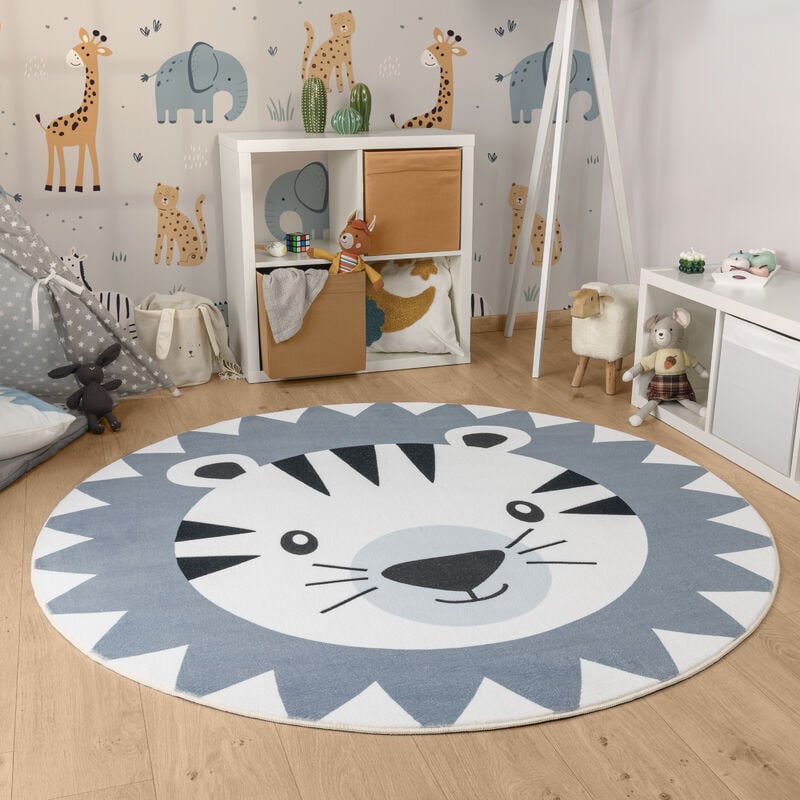 foto del prodotto tappeto rotondo bambini testa di leone testa di orso lavabile in lavatrice grigio, 120 cm tondo paco home