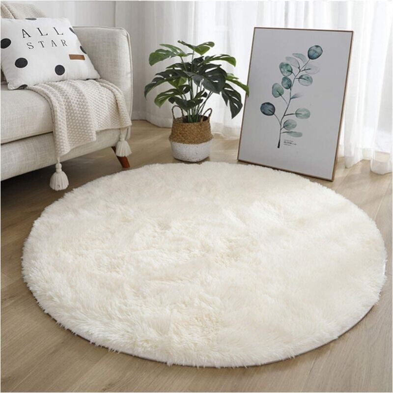 foto del prodotto tappeto rotondo beige bianco per soggiorno, tappeto moderno in pelliccia, soffice, a pelo lungo, 100 cm