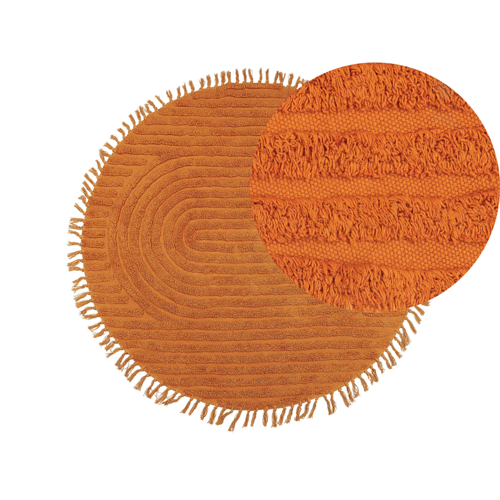 foto del prodotto tappeto rotondo in cotone arancione 140 cm trapuntato con motivo a frange boho soggiorno camera da letto
