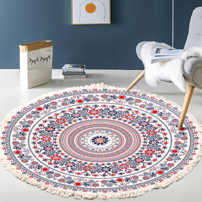 foto del prodotto tappeto rotondo in cotone tessuto a mano per soggiorno, stile boh mien vintage, con nappe, lavabile in lavatrice, per camera da letto, corridoio,