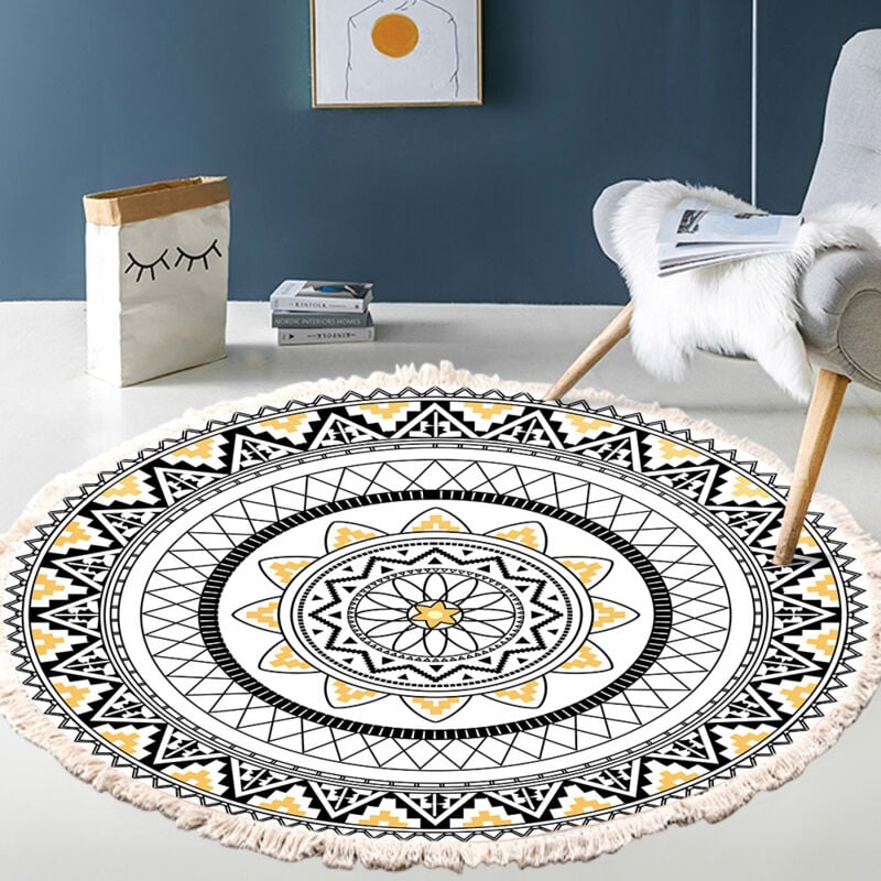 foto del prodotto tappeto rotondo per soggiorno, tappeto in cotone tessuto a mano con motivo mandala, stile boh mien vintage con nappe, lavabile in lavatrice, per