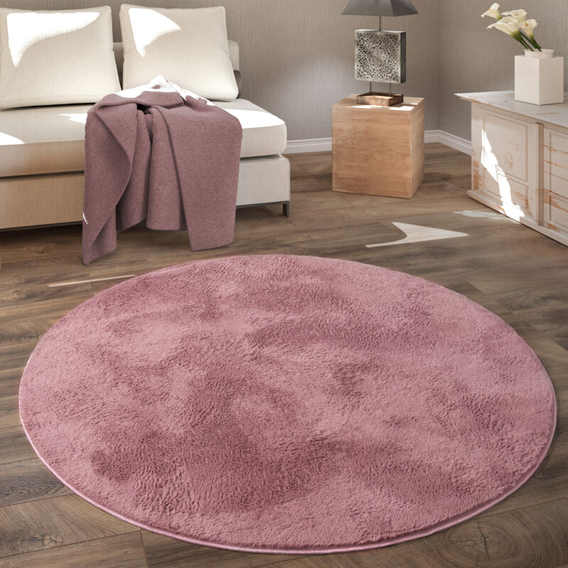 foto del prodotto tappeto rotondo soggiorno, morbido moderno finta pelliccia soffice pelo lungo 100 cm tondo, rosa scuro paco home