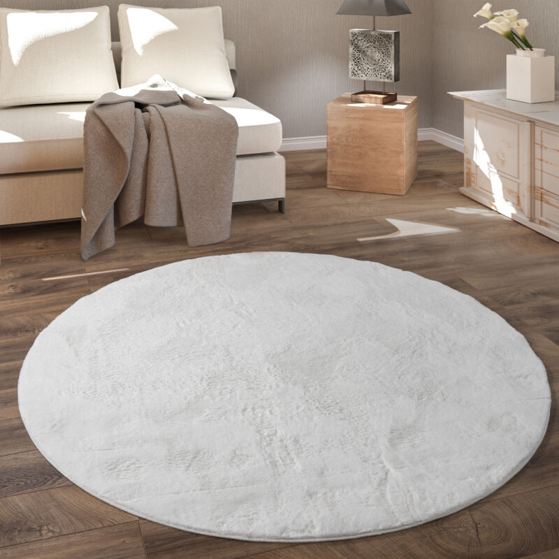 foto del prodotto tappeto rotondo soggiorno, morbido moderno finta pelliccia soffice pelo lungo 120 cm tondo, bianco paco home