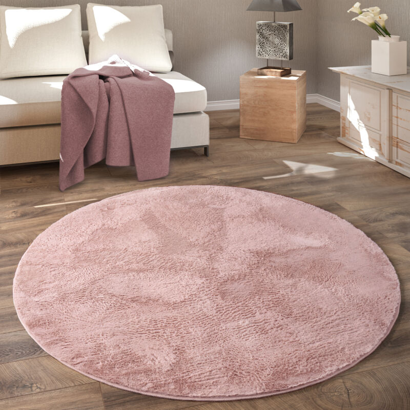 foto del prodotto tappeto rotondo soggiorno, morbido moderno finta pelliccia soffice pelo lungo 120 cm tondo, rosa paco home