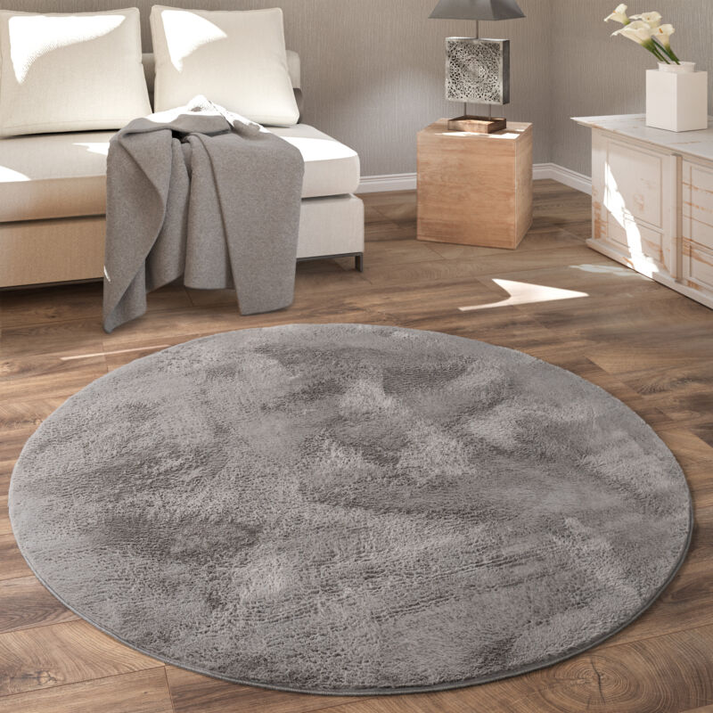 foto del prodotto tappeto rotondo soggiorno, morbido moderno finta pelliccia soffice pelo lungo 80 cm tondo, antracite paco home