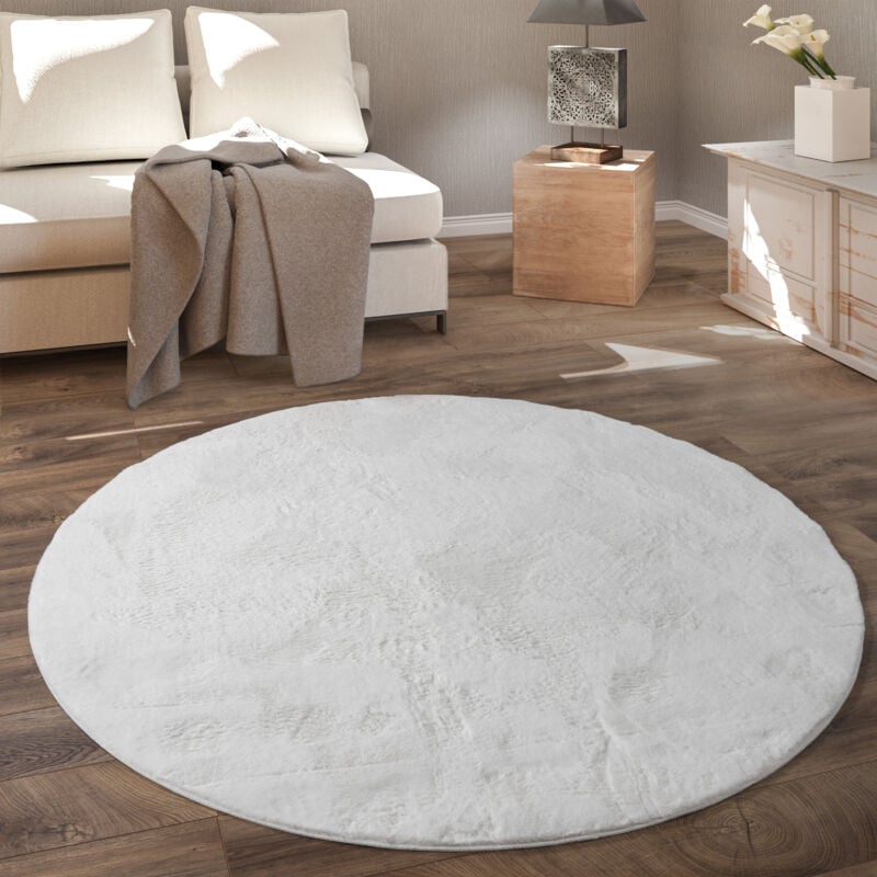 foto del prodotto tappeto rotondo soggiorno, morbido moderno finta pelliccia soffice pelo lungo 80 cm tondo, bianco paco home