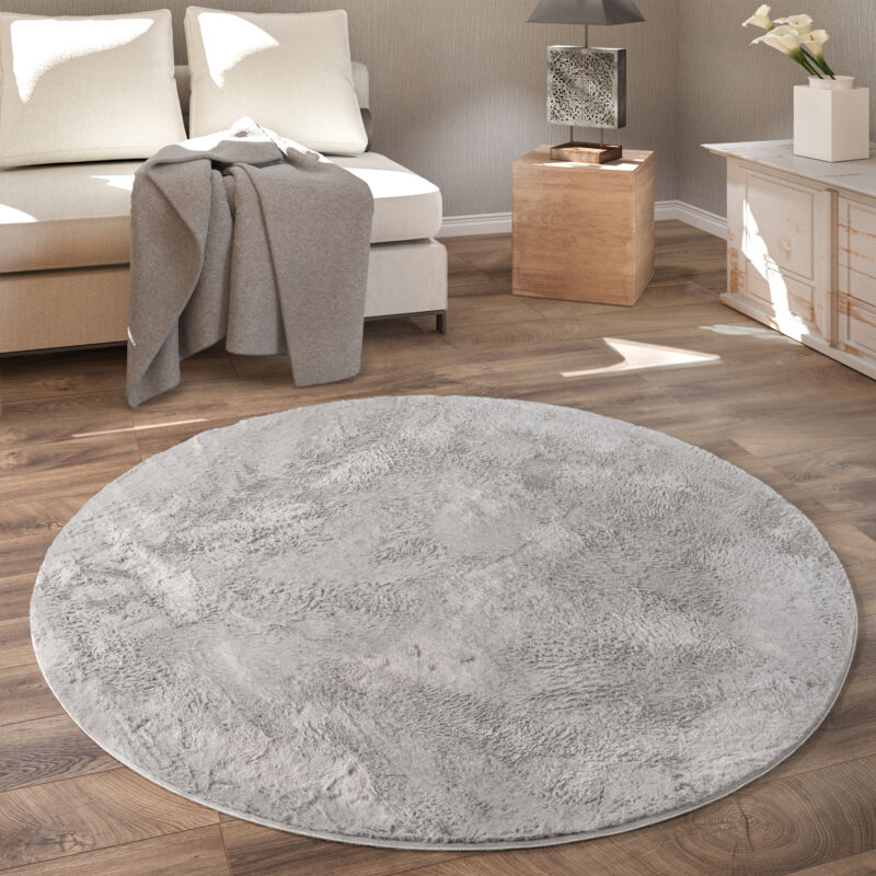 foto del prodotto tappeto rotondo soggiorno, morbido moderno finta pelliccia soffice pelo lungo 80 cm tondo, grigio paco home