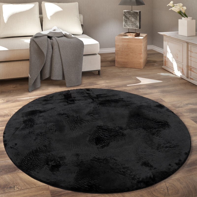 foto del prodotto tappeto rotondo soggiorno, morbido moderno finta pelliccia soffice pelo lungo 80 cm tondo, nero paco home