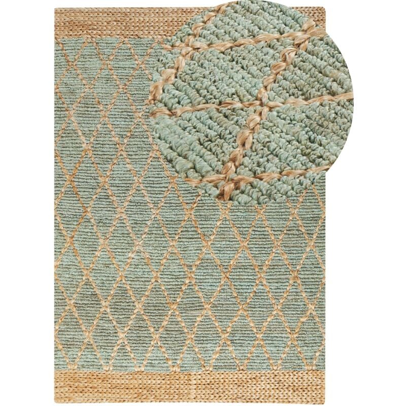 foto del prodotto tappeto runner in iuta intrecciato a mano con motivo geometrico boho rustico 160 x 230 cm corridoio verde e beige tellikaya
