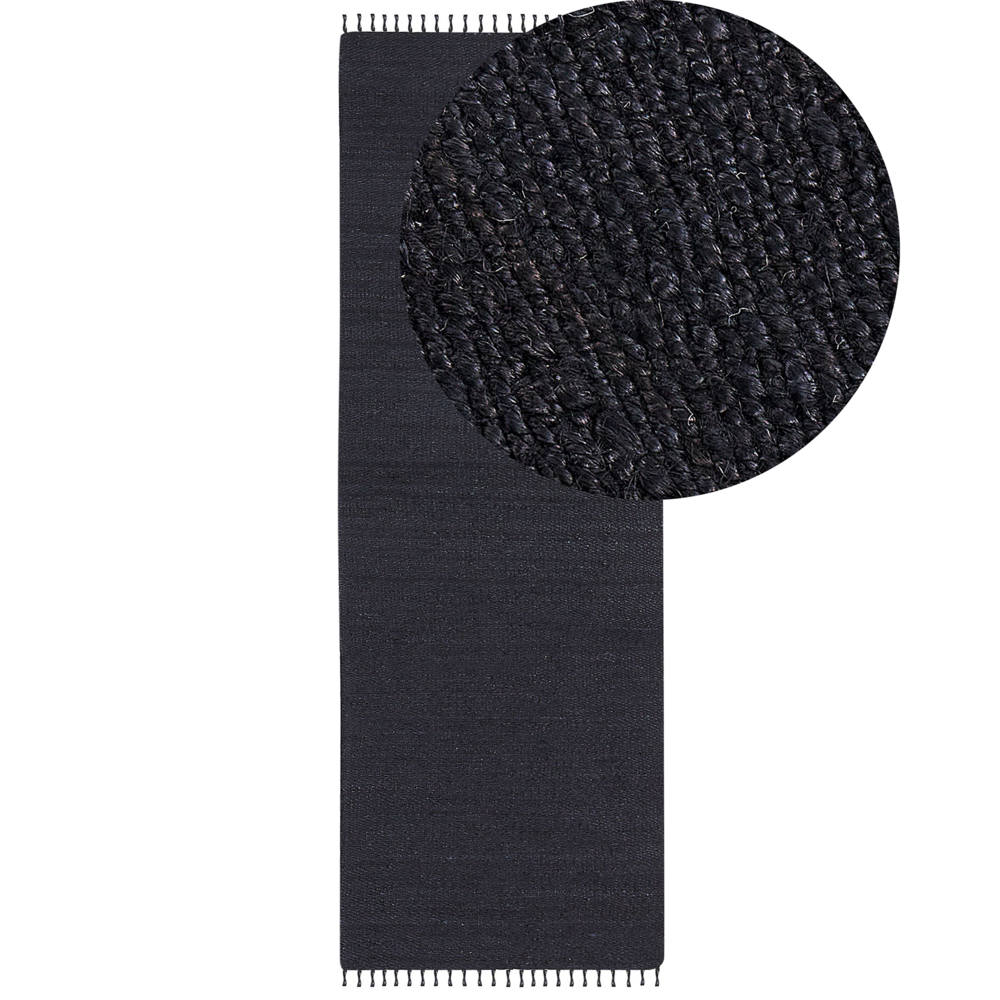 foto del prodotto tappeto runner in iuta nera 80 x 300 cm rettangolare con nappe decorative intrecciate a mano in stile boh mien.