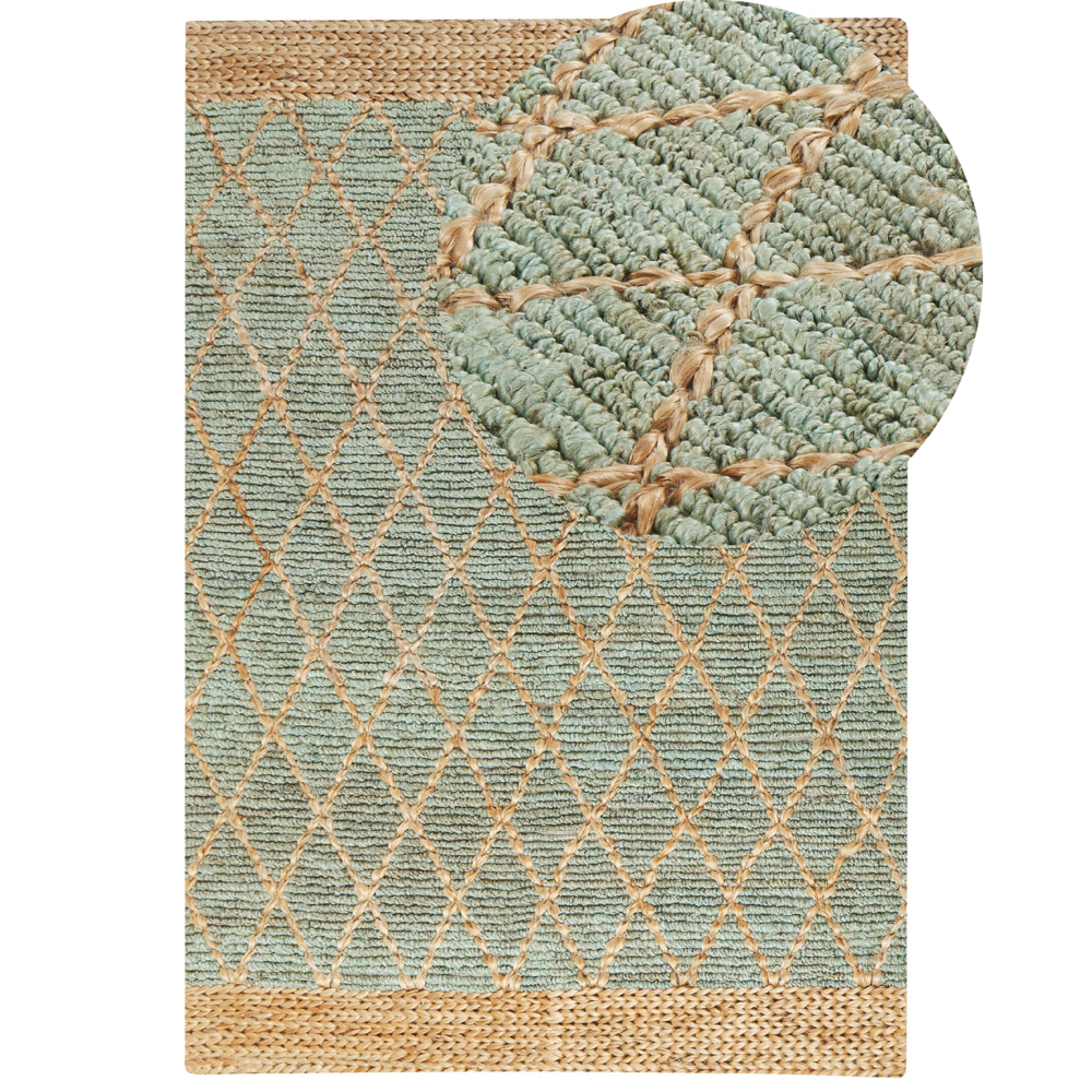 foto del prodotto tappeto runner verde e beige juta 160 x 230 cm motivo geometrico tessuto a mano boho corridoio camera da letto