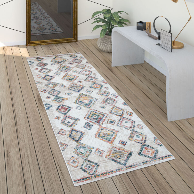 foto del prodotto tappeto salotto moderno pelo corto etnico boho 3d diamante chiaro crema colorato 80x150 cm paco home