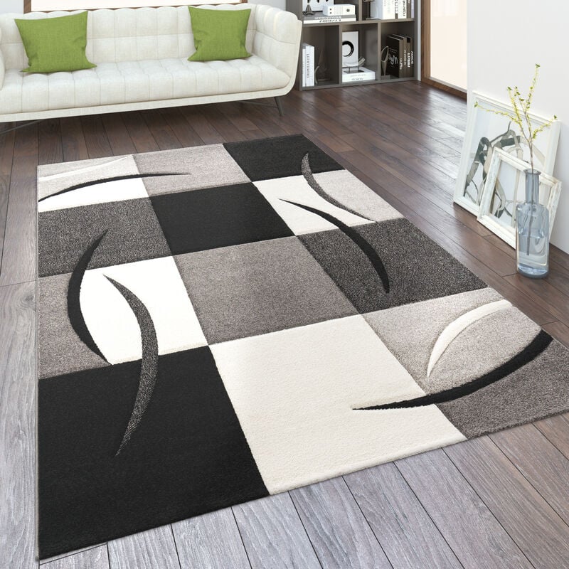 foto del prodotto tappeto salotto moderno pelo corto motivo a quadri e righe 3d, antiscivolo 160x230 cm, nero bianco paco home