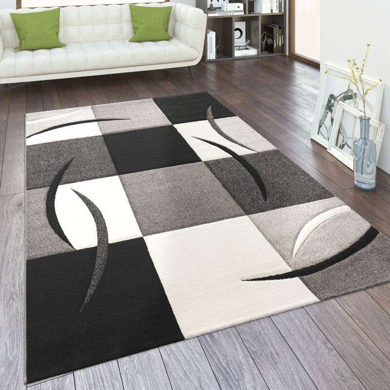 foto del prodotto tappeto salotto moderno pelo corto motivo a quadri e righe 3d, antiscivolo 80x150 cm, nero bianco - paco home