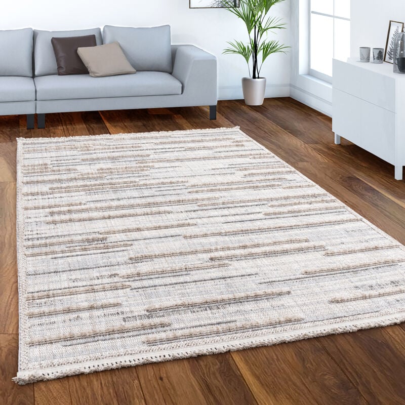 foto del prodotto tappeto salotto moderno pelo corto motivo boho a righe 3d con frange crema grigio 120 cm tondo paco home