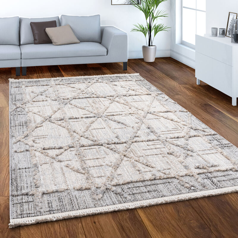 foto del prodotto tappeto salotto moderno pelo corto motivo boho geometrico 3d con frange crema grigio 120 cm tondo paco home