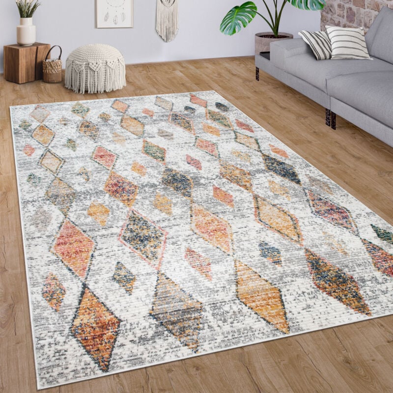 foto del prodotto tappeto salotto moderno pelo corto motivo etnico boho 3d diamante crema colorato 120x170 cm - paco home