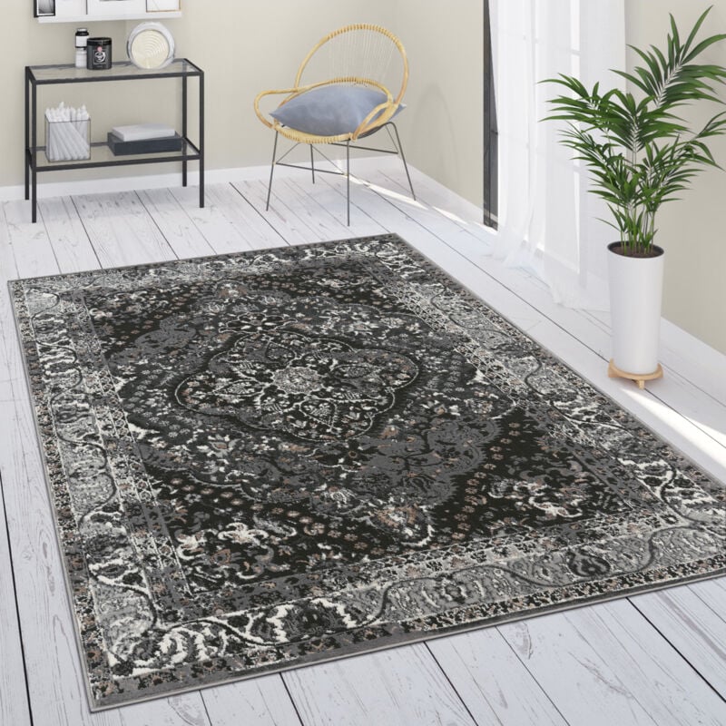 foto del prodotto tappeto salotto moderno pelo corto persiano floreale bordura moderno nero crema grigio 60x100 cm paco home