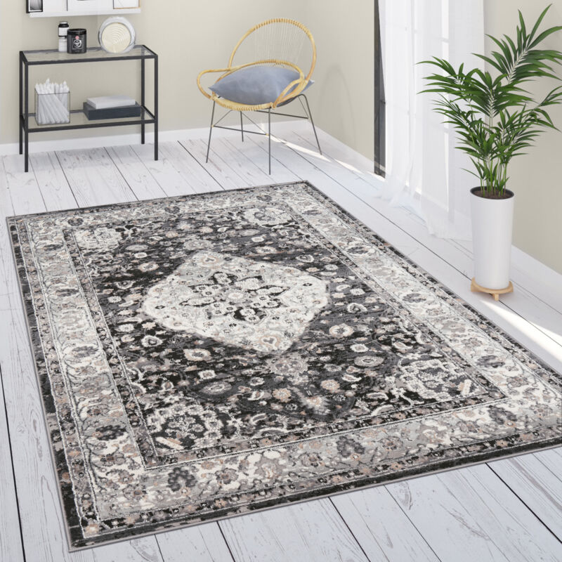 foto del prodotto tappeto salotto moderno pelo corto persiano mandala floreale bordura nero grigio crema 60x100 cm paco home
